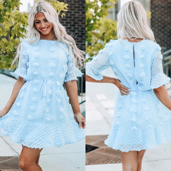 Dresses & Skirts - Sky Blue Crew Neck Swiss Dot Mini Dress – Size M